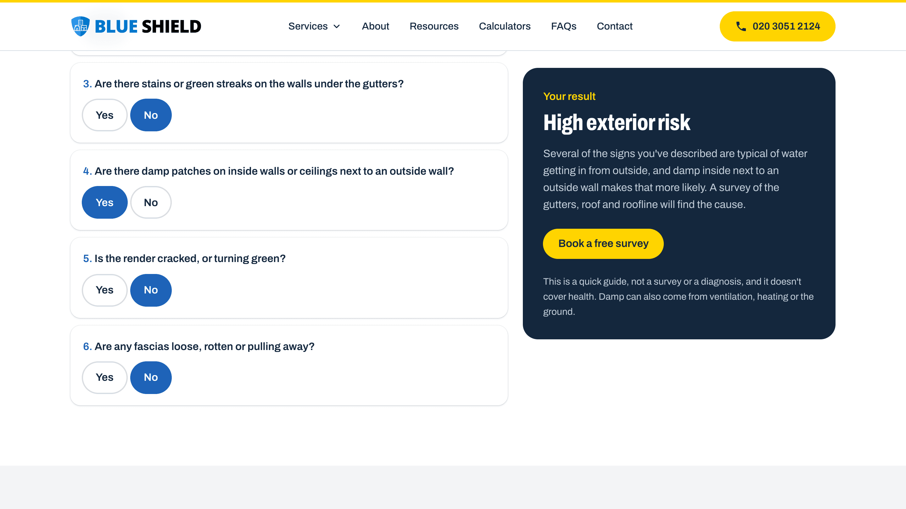 The exterior damp risk checker with six yes-or-no questions, some answered, and a dark panel on the right showing the result "High exterior risk", what it means, and a Book a free survey button