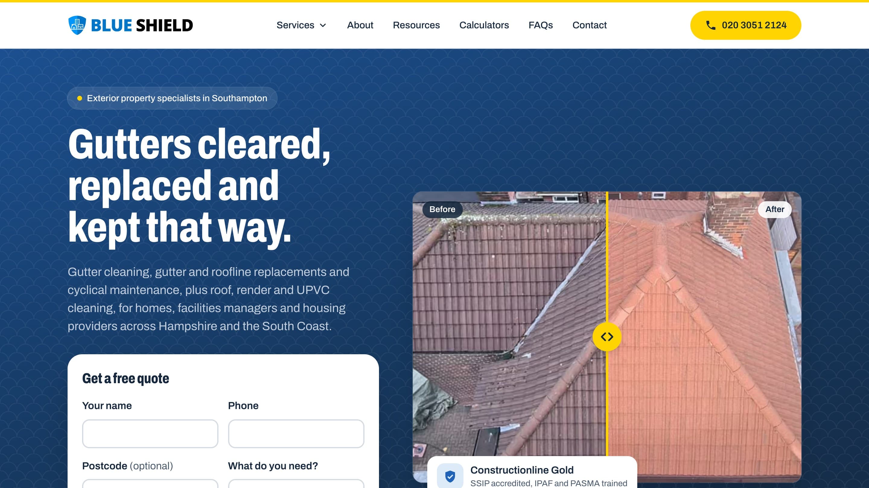 The Blue Shield home page. On the left, the headline "Gutters cleared, replaced and kept that way." over a blue tiled band, with a quote form below. On the right, a drone photo of a tiled roof split by a yellow slider, mossy and dark on the Before side, clean terracotta on the After side.