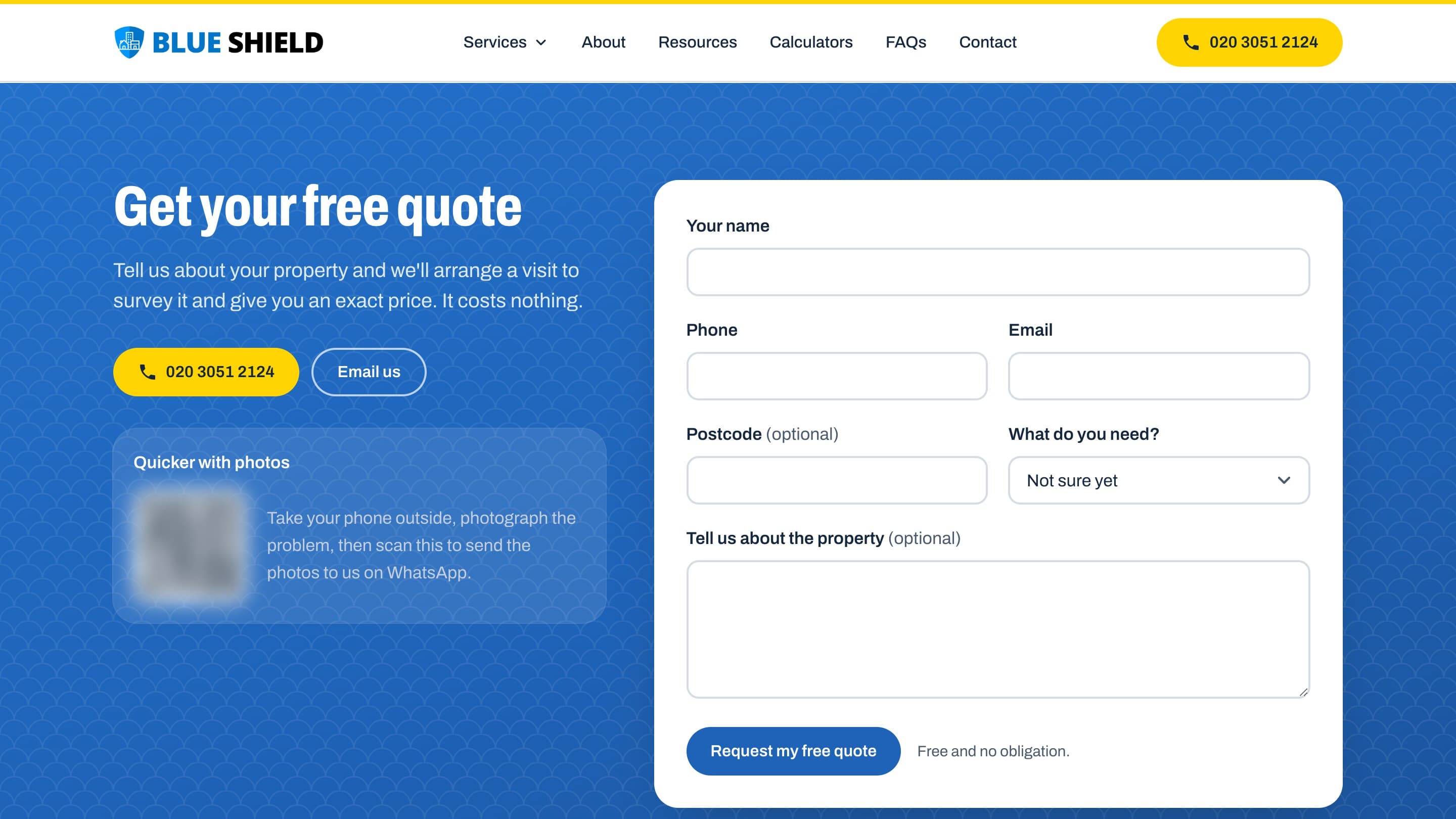 The quote section: "Get your free quote" on a blue tiled band, with the phone number, an Email us button and a "Quicker with photos" panel holding a WhatsApp QR code (blurred here), beside a white form asking for name, phone, email, postcode, the service needed and details of the property