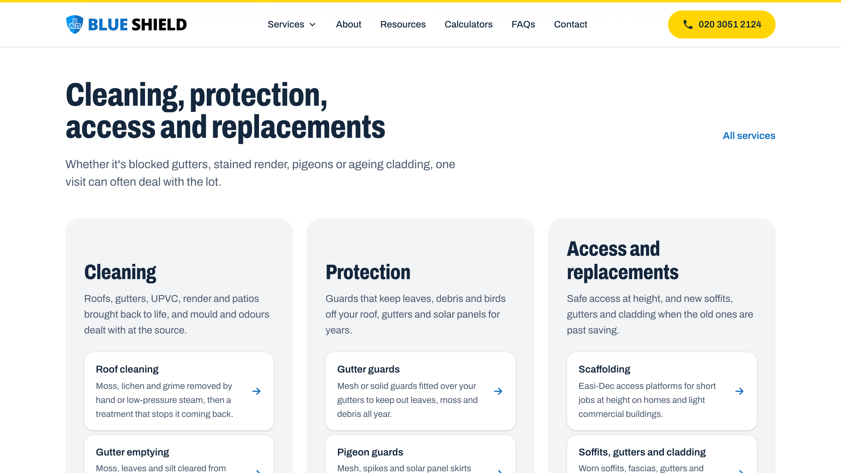 The services section of the home page: the heading "Cleaning, protection, access and replacements" above three grey panels, Cleaning, Protection, and Access and replacements, each listing service cards such as Roof cleaning, Gutter guards and Scaffolding