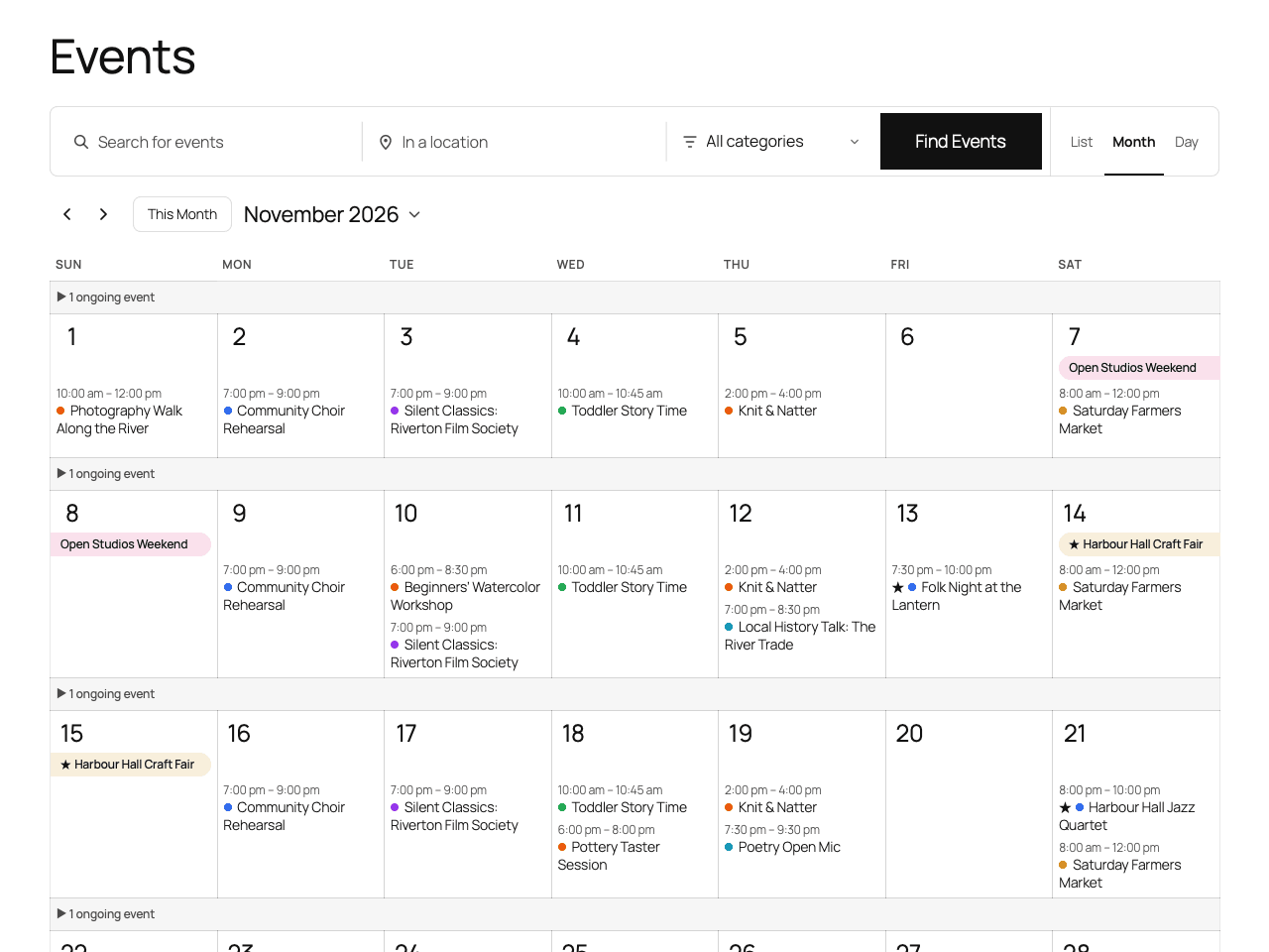 Calendar² month view in a stock block theme, with multi-day events as bars and a colour per category