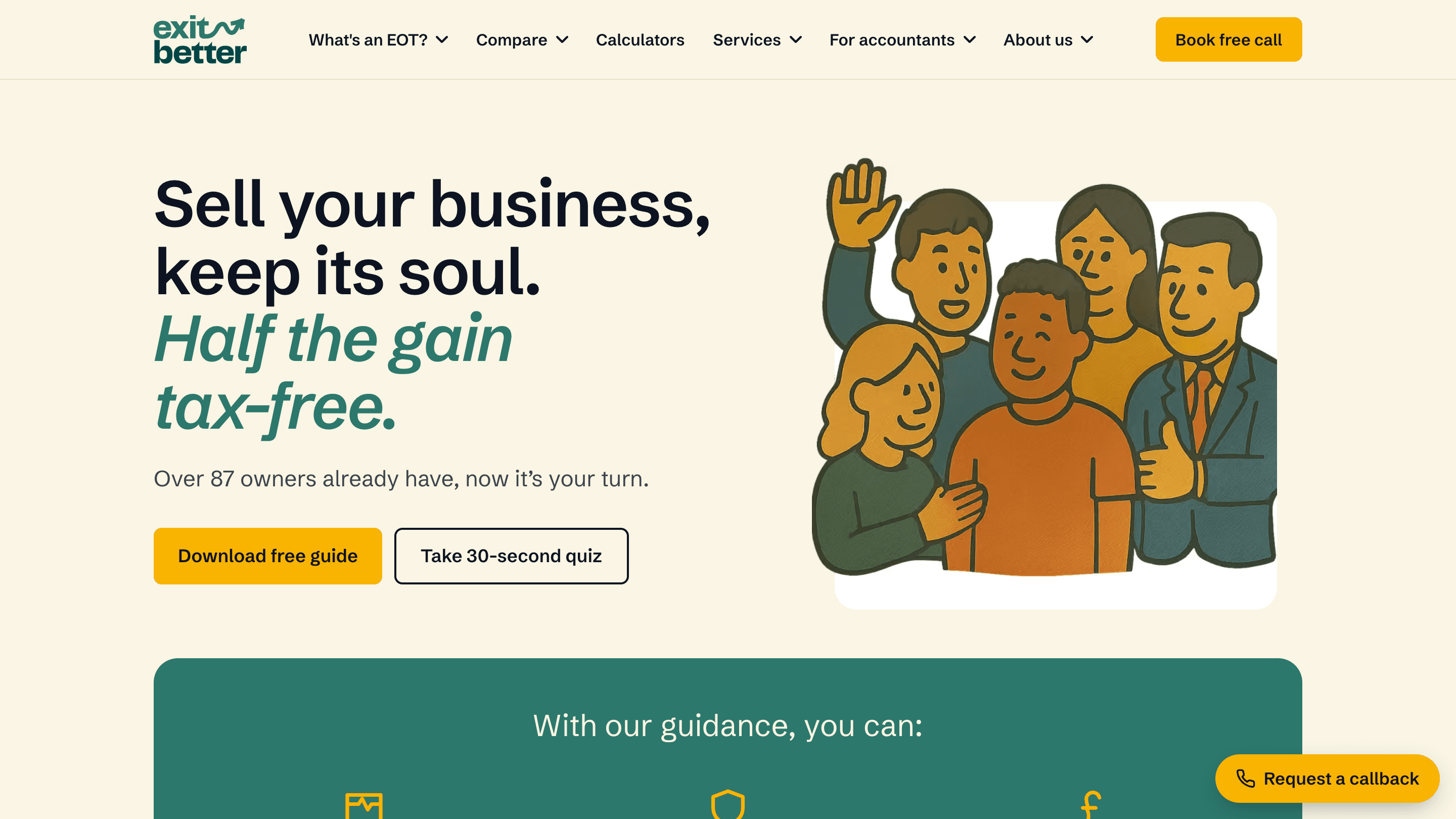 The Exit Better home page, with the headline "Sell your business, keep its soul. Half the gain tax-free." beside an illustration of five smiling colleagues, one waving