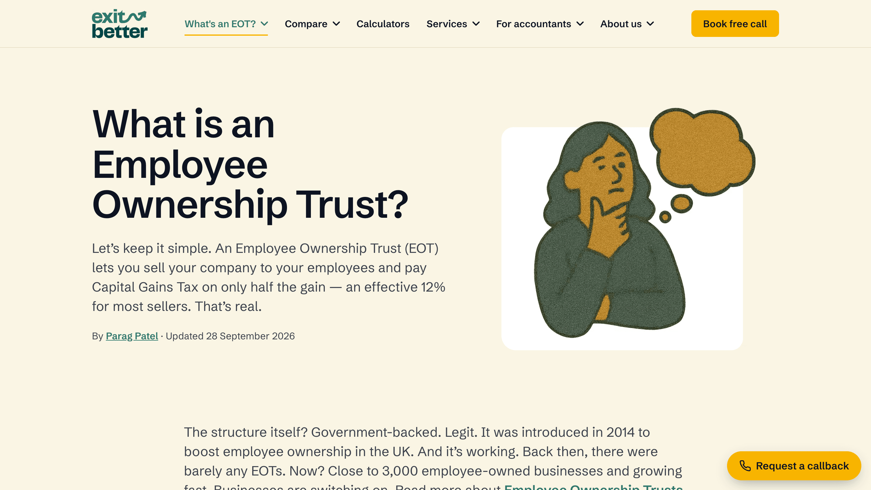 The "What is an Employee Ownership Trust?" page: a large headline, a plain-English opening paragraph, a byline reading "By Parag Patel · Updated 28 September 2026", and an illustration of a woman thinking under a mustard thought bubble