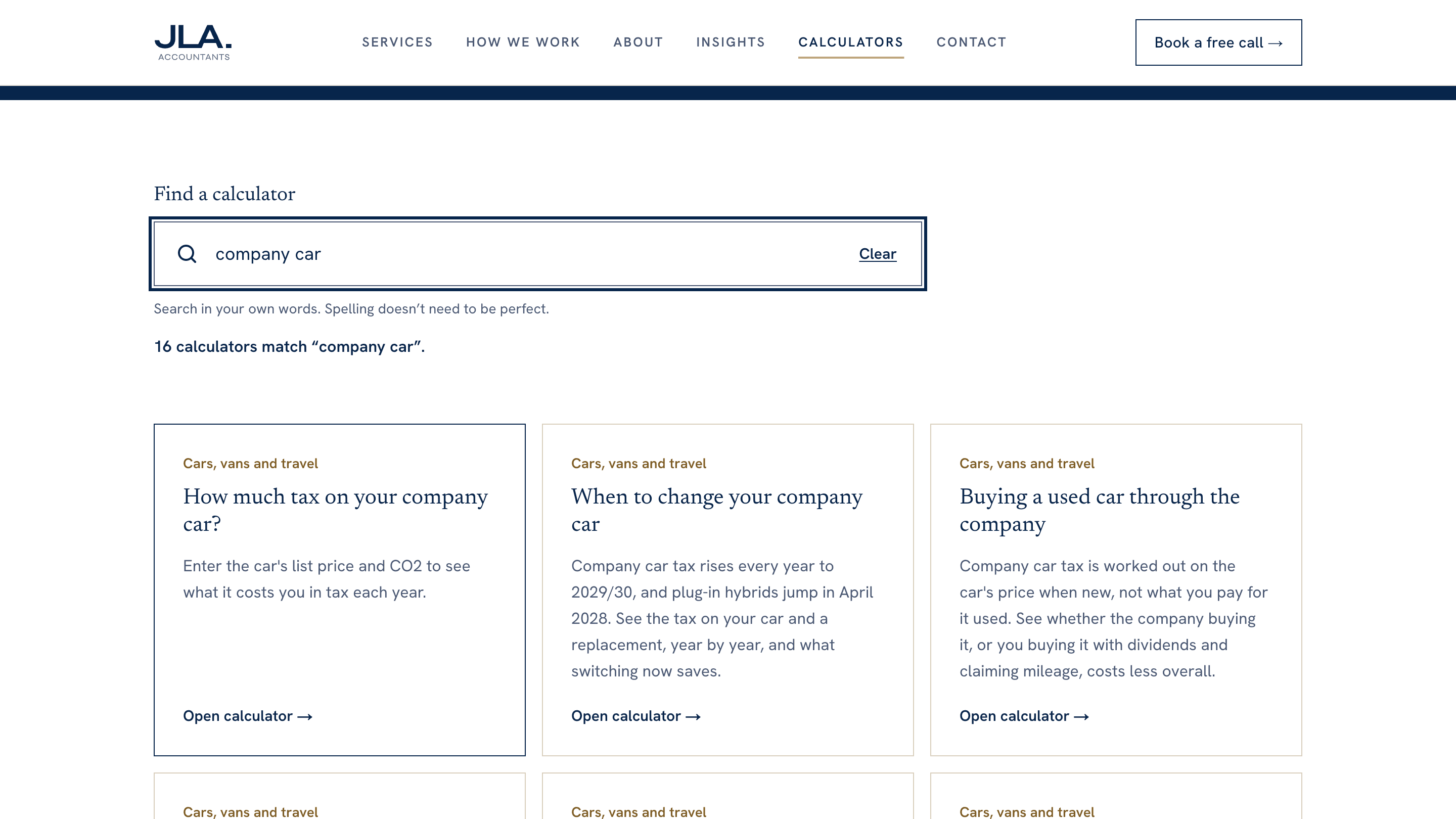 The calculators hub with "company car" in the search box, reporting 16 matching calculators as cards: tax on your company car, when to change your company car, and buying a used car through the company