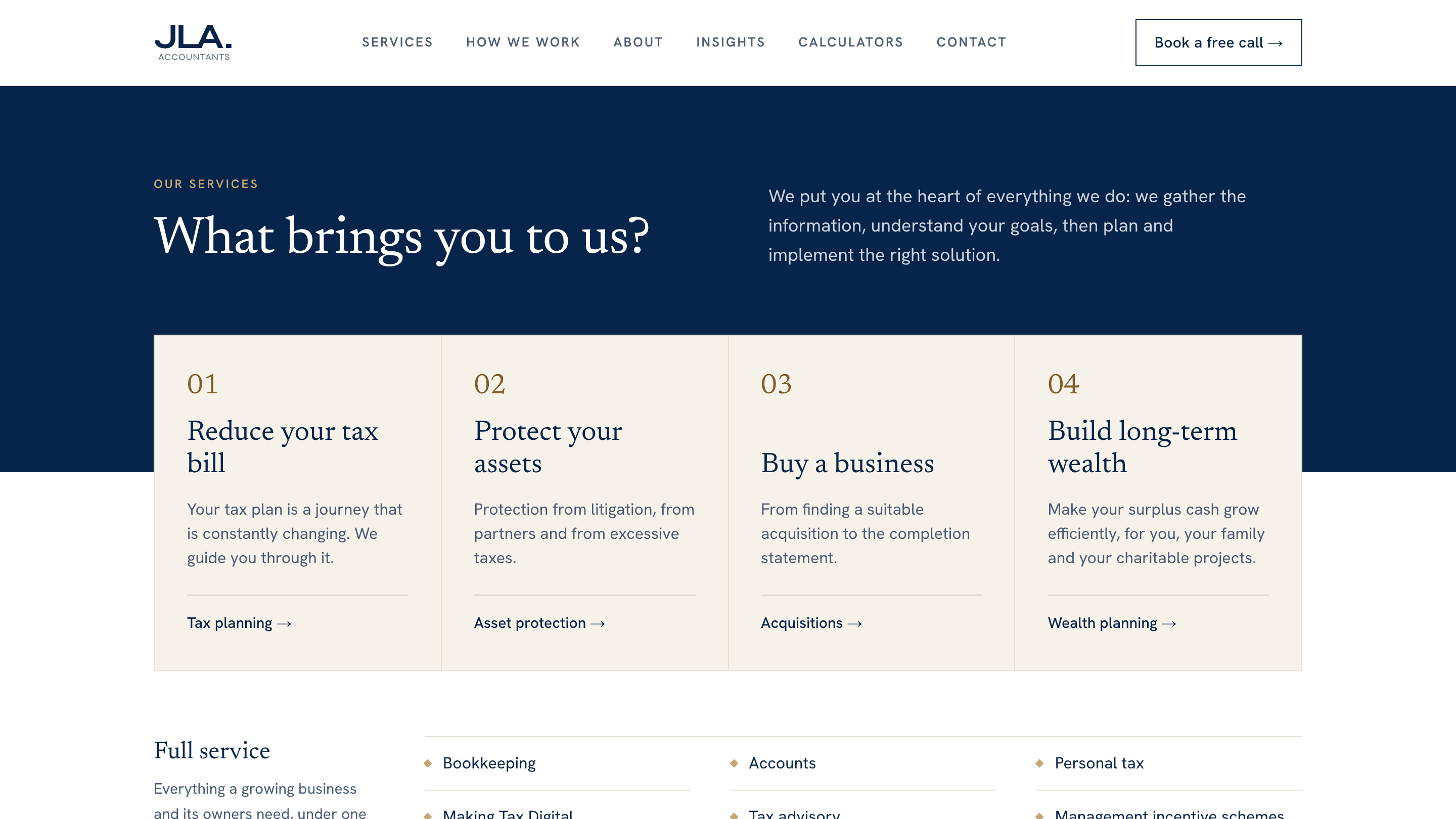 The navy "What brings you to us?" band on the home page, with four numbered cream cards overlapping its lower edge: reduce your tax bill, protect your assets, buy a business, build long-term wealth