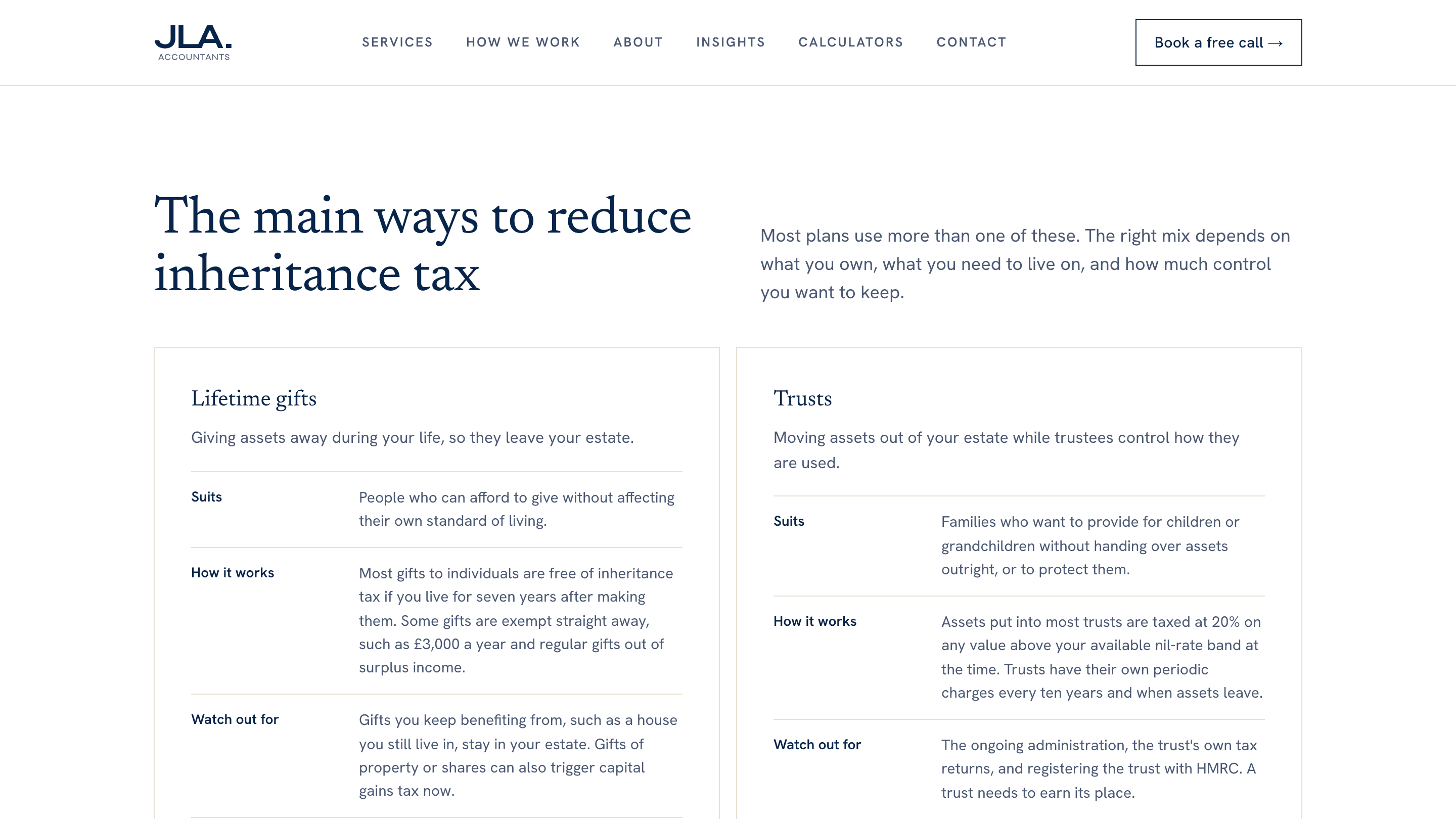 The inheritance tax planning page: "The main ways to reduce inheritance tax", with lifetime gifts and trusts each set out as who it suits, how it works and what to watch out for