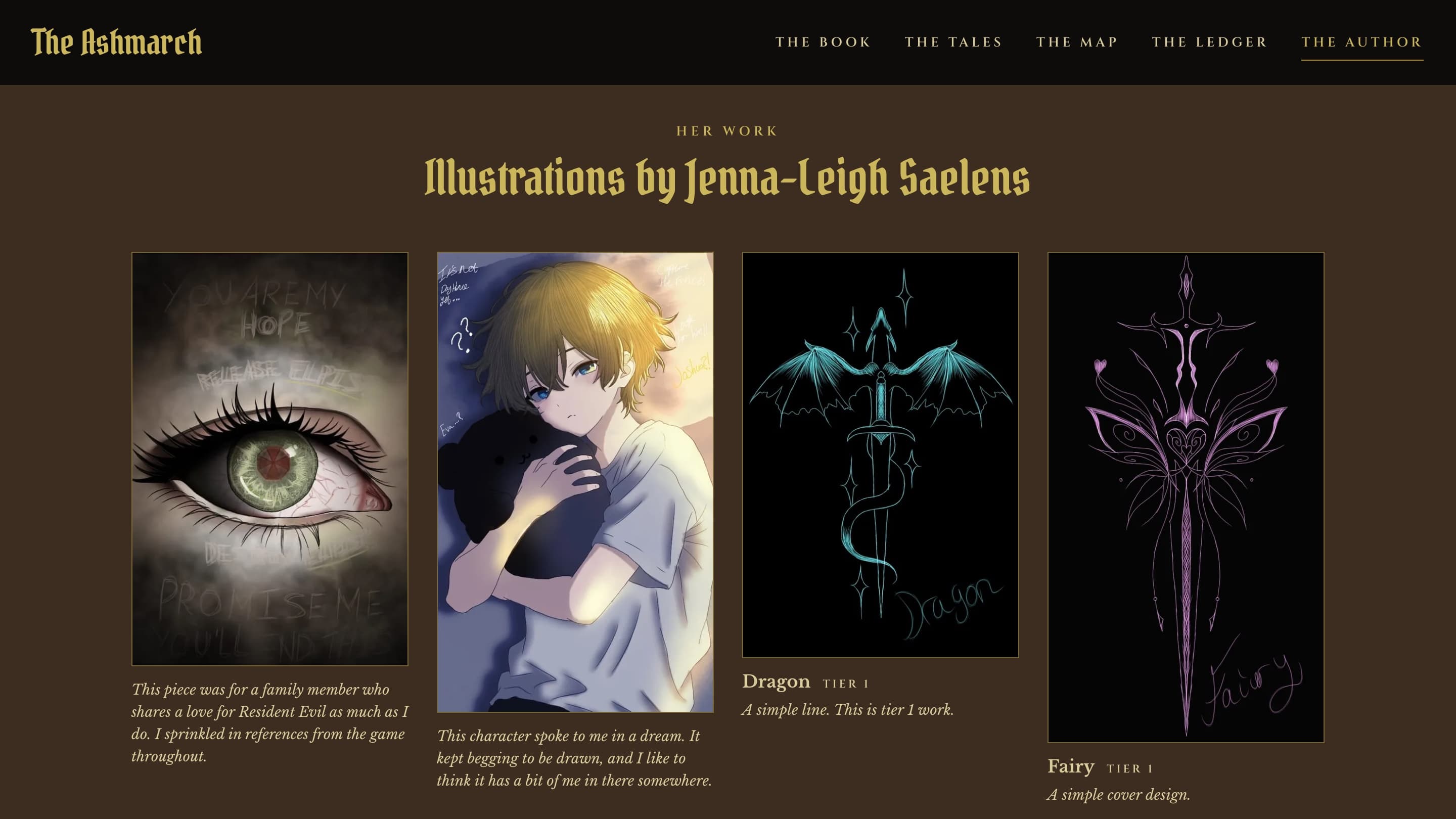 The illustrator's gallery on a brown ground under the heading "Illustrations by Jenna-Leigh Saelens": four portrait illustrations, two labelled Tier 1, with her notes on each