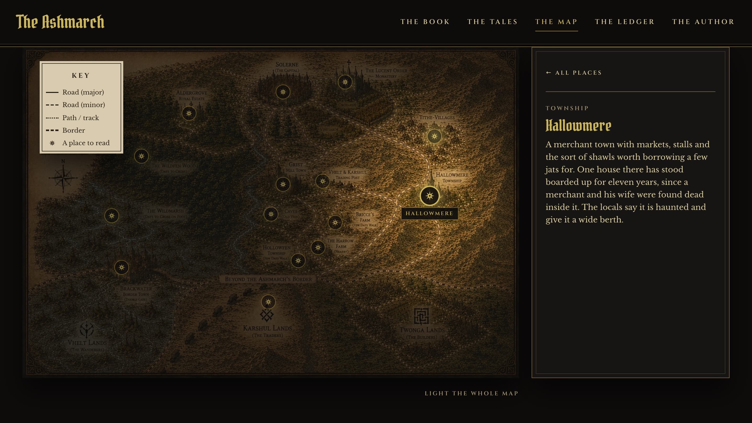 The map in lantern mode with Hallowmere selected: the painted map is lit around the township, and a panel on the right tells of the house that has stood boarded up for eleven years