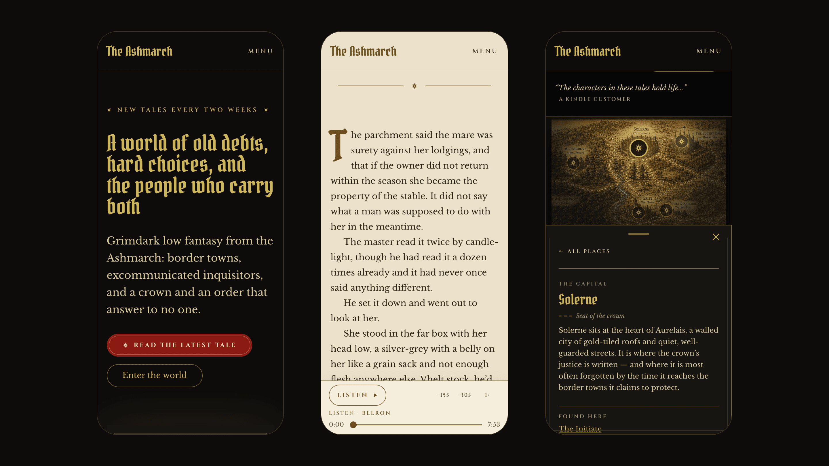 Three phone screens: the home page with its gold headline, the Belron tale page with the audiobook player along the bottom, and the map with Solerne's place sheet open