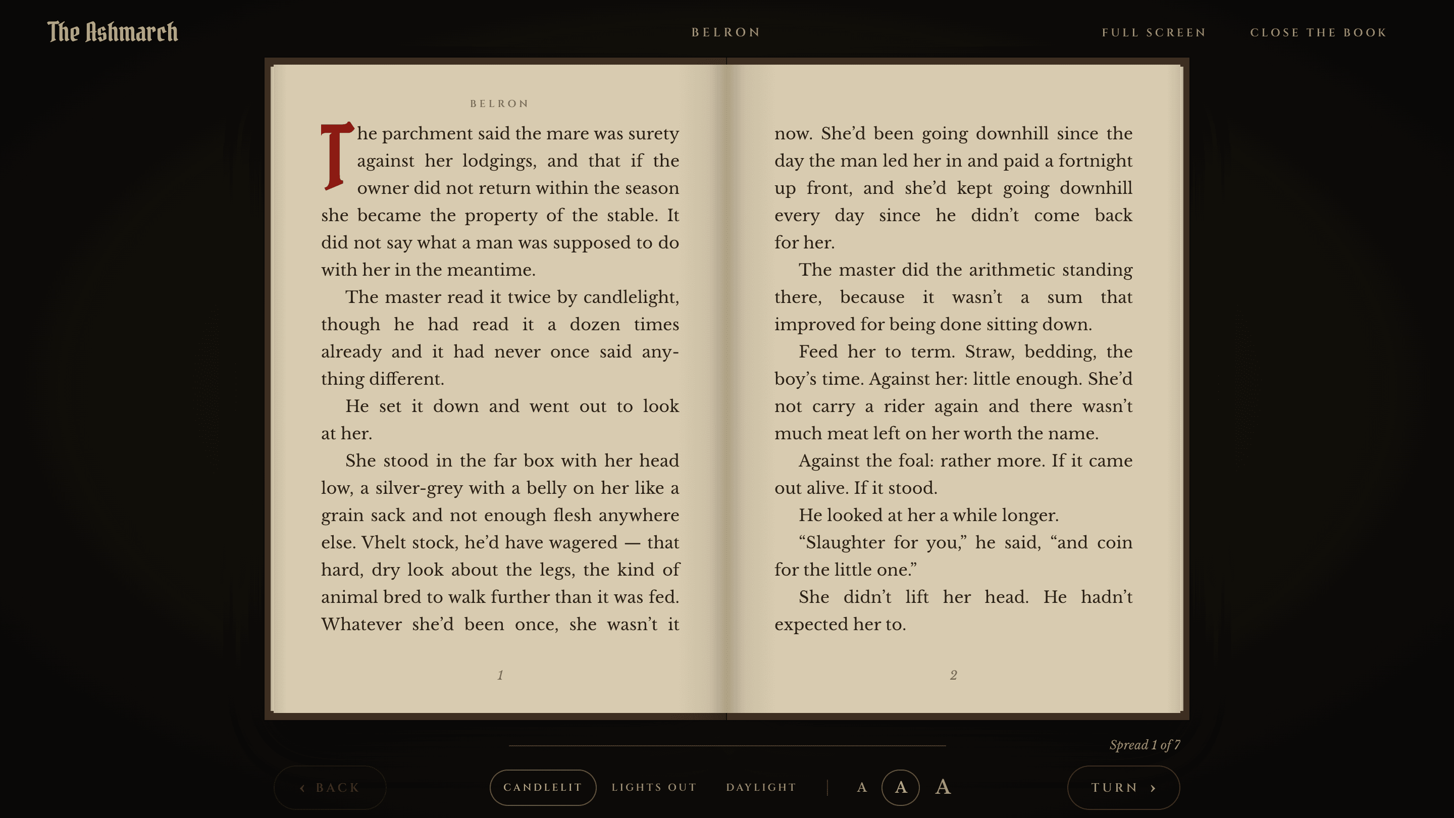 The Belron tale open in the reading room: two parchment pages side by side with a red drop capital, and controls below for Candlelit, Lights out, Daylight and three text sizes