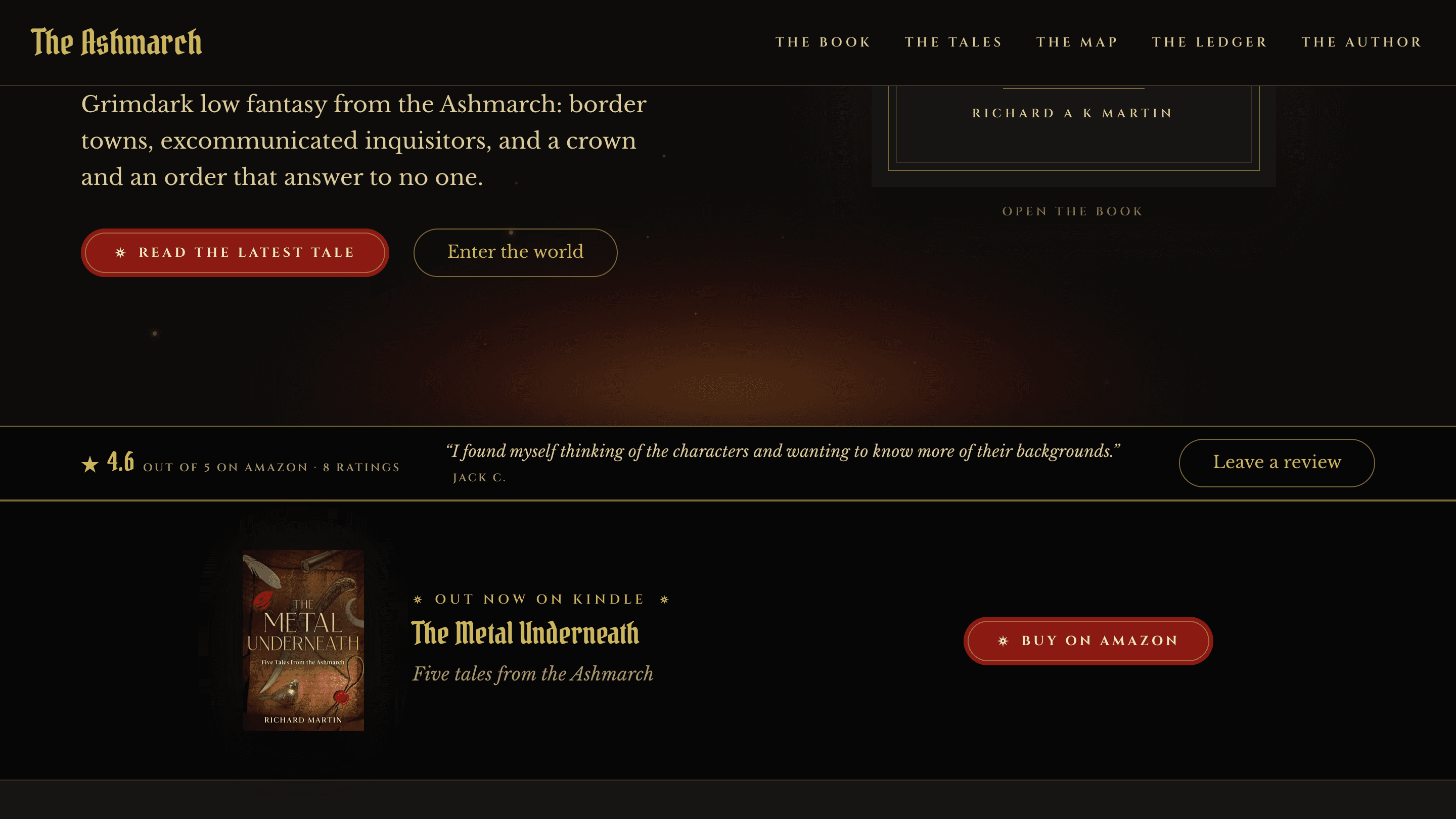 The foot of the home page hero: a strip reading 4.6 out of 5 on Amazon with a reader's quote and a Leave a review button, then a band for The Metal Underneath on Kindle with a Buy on Amazon button