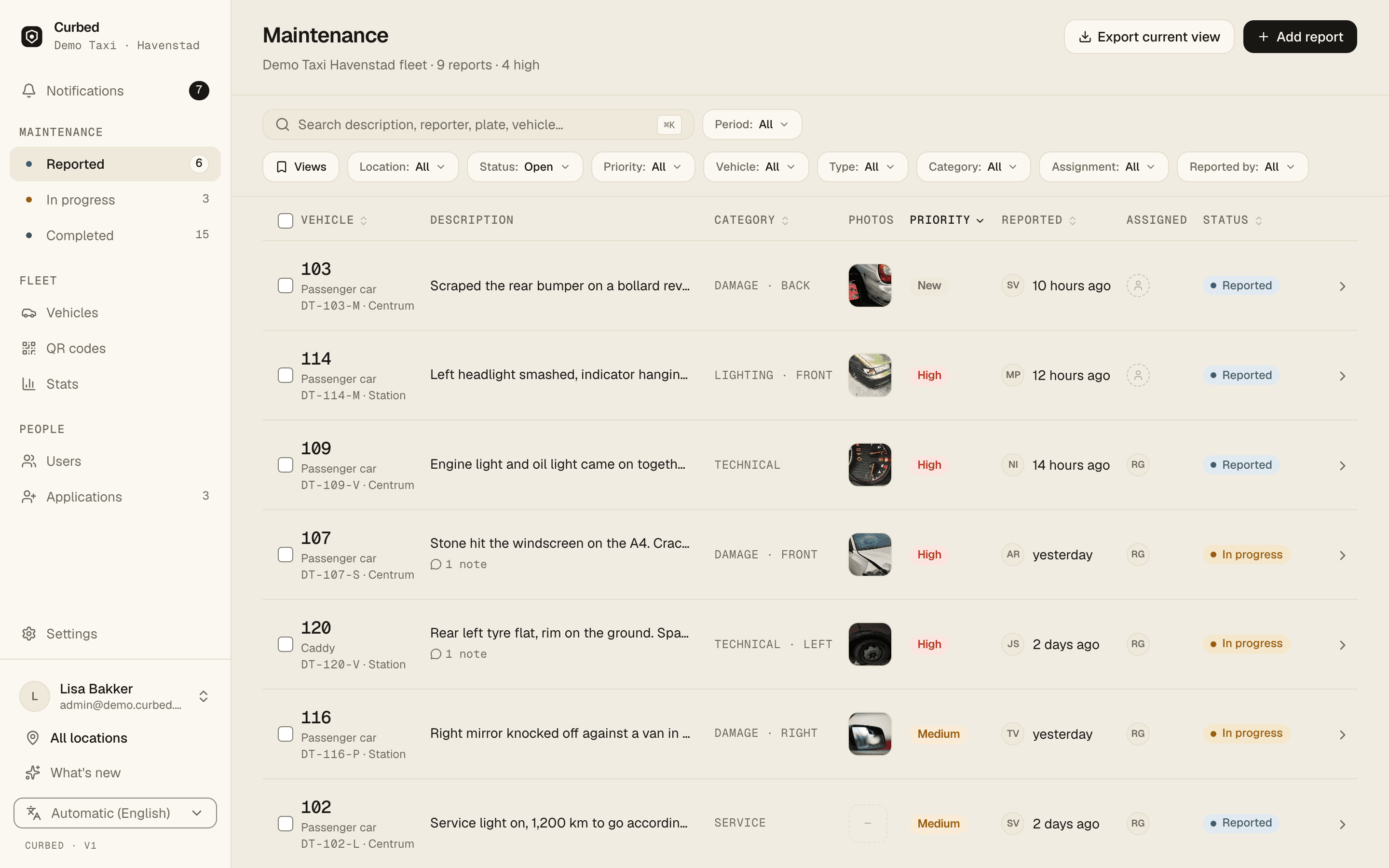 Curbed's maintenance board on a desktop: open reports by vehicle, with photos, category, priority, who reported them and status.