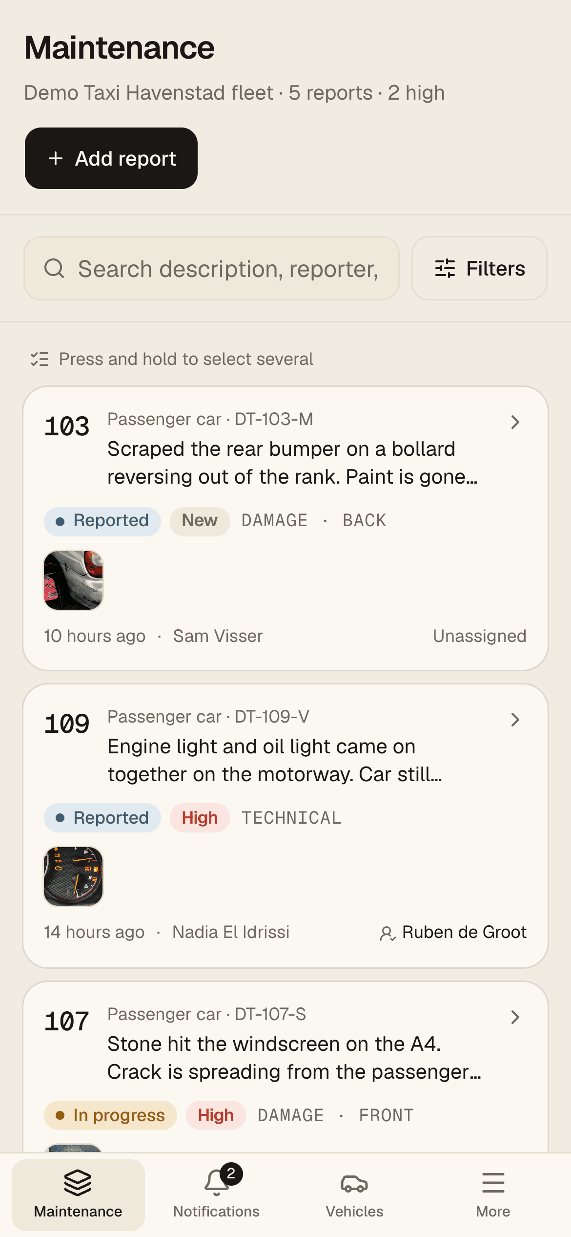 Curbed's maintenance board on a phone: open reports with photos, priority, status and who each is assigned to.