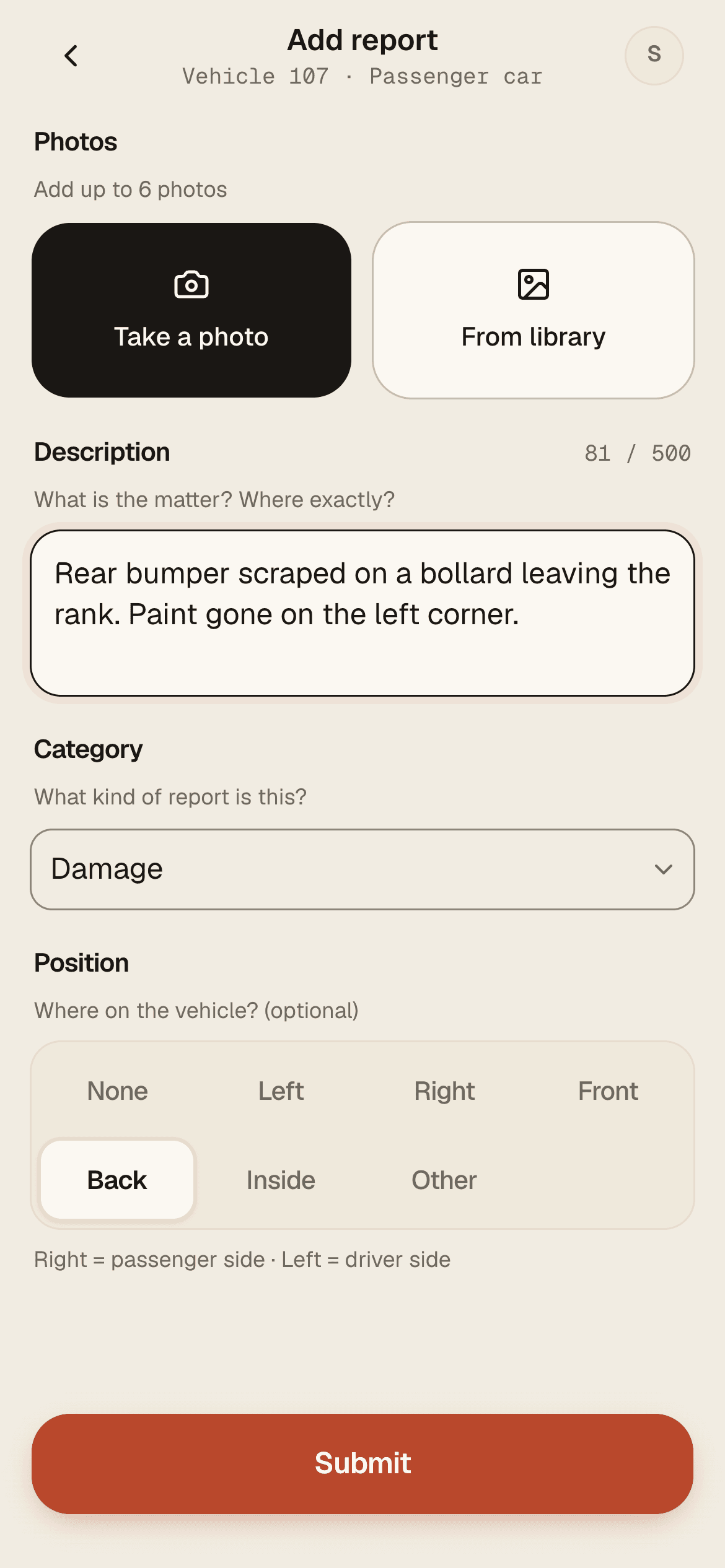Curbed's report form on a phone: photo buttons, a description of a scraped bumper, the Damage category and the Back position selected.