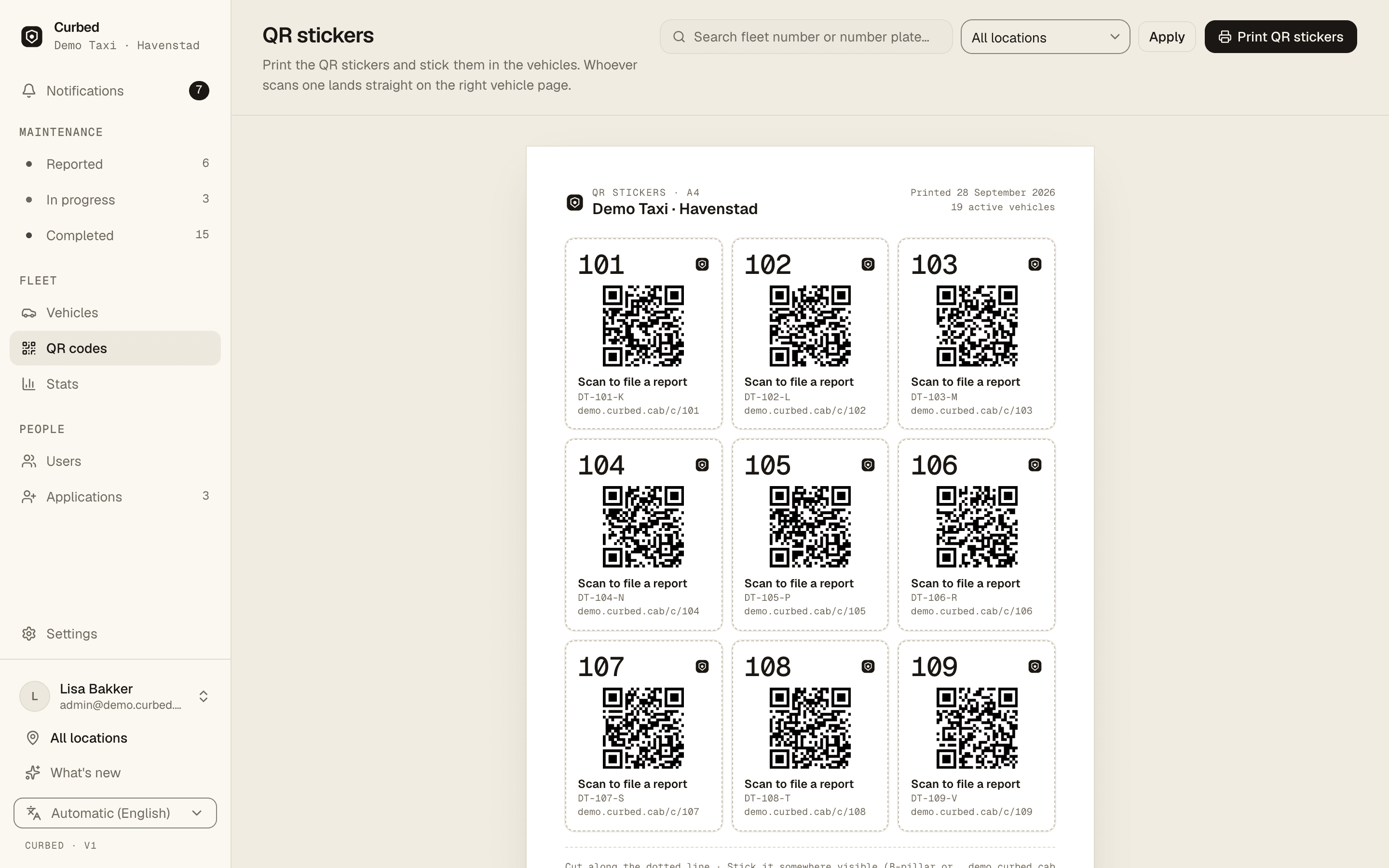 Curbed's QR sticker sheet: an A4 page of stickers, each with a fleet number, a QR code and the plate.